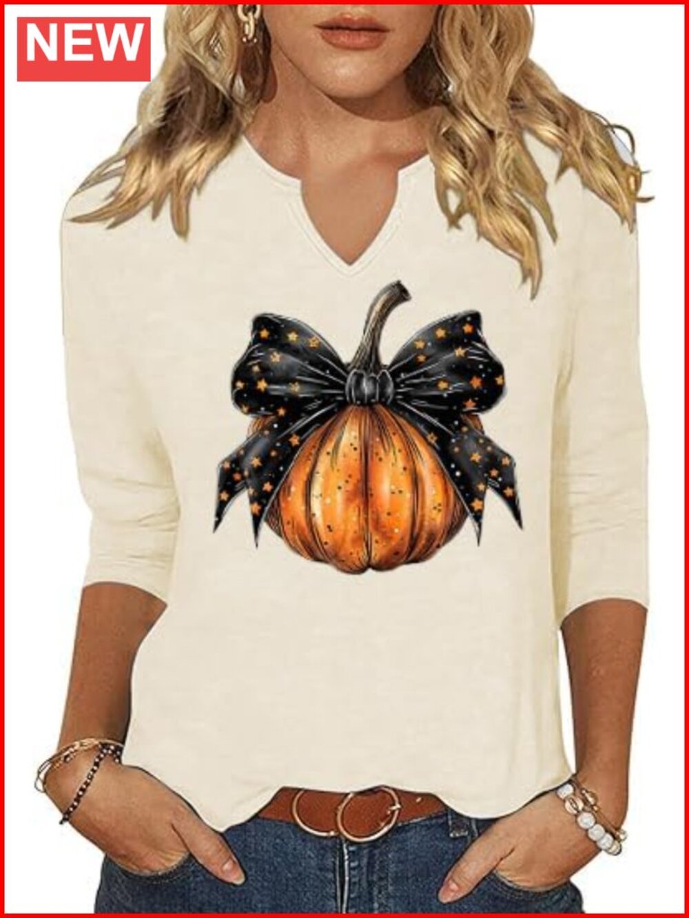 Women 3/4 Sleeve V Neck Fall Halloween Graphic Blouse